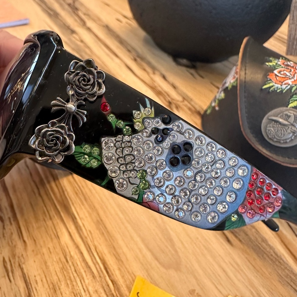 Ed Hardy Black Sunglasses with crystal Skull and double rose Design. RARE